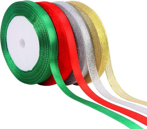 4 Rolls 100 Yards Christmas Ribbons, Metallic Double Face Glitter Fabric Festival Satin Ribbons for Gift Wrapping Happy Birthday Party Decorations（3/8 Inch） in Saudi Arabia