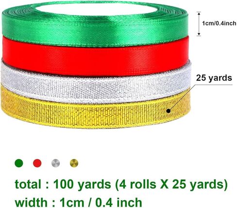 4 Rolls 100 Yards Christmas Ribbons, Metallic Double Face Glitter Fabric Festival Satin Ribbons for Gift Wrapping Happy Birthday Party Decorations（3/8 Inch） in Saudi Arabia