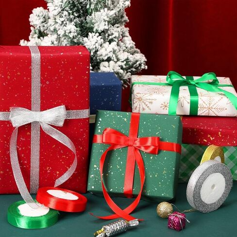 4 Rolls 100 Yards Christmas Ribbons, Metallic Double Face Glitter Fabric Festival Satin Ribbons for Gift Wrapping Happy Birthday Party Decorations（3/8 Inch） in Saudi Arabia