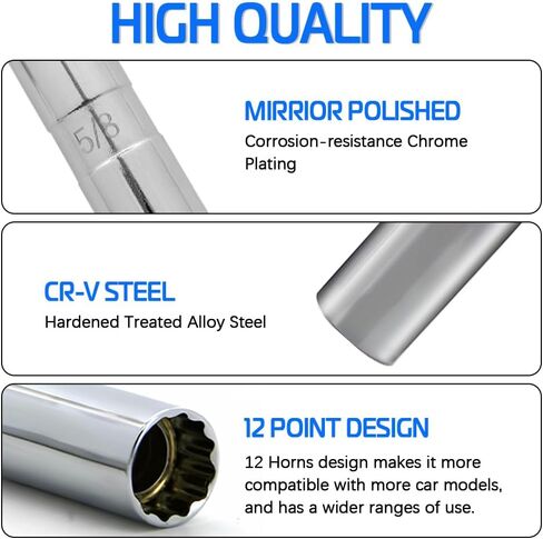 8PCS Magnetic Spark Plug Socket Set Includes 14mmx 4", 5/8" x 4", 5/8" x 6", 5/8" x 11", 9/16" x 6" and 13/16" x 6" 12-Point Sockets 3/8-inch Drive Magnet Retains Spark Plugs 1/4 and 1/2 Adapters in Kuwait