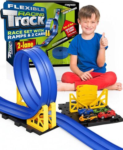 Flexible Race Track for Kids, All-in-One Flex Track Set with Suction Cups, Loop Ramps & 2 Cars – Compatible with Hot Wheels & Matchbox Cars – Blue 16ft Roll Up Car Ramp Toy Track for Kids Ages 3 & Up in Saudi Arabia