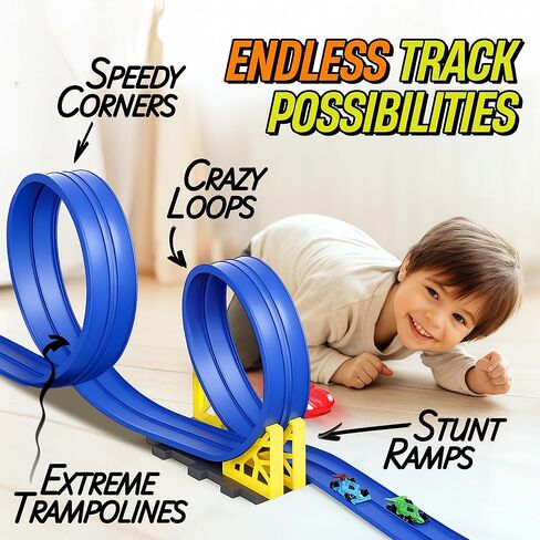 Flexible Race Track for Kids, All-in-One Flex Track Set with Suction Cups, Loop Ramps & 2 Cars – Compatible with Hot Wheels & Matchbox Cars – Blue 16ft Roll Up Car Ramp Toy Track for Kids Ages 3 & Up in Saudi Arabia