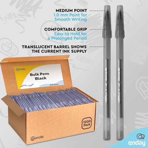 Enday 1200 Pack Bulk Ballpoint Pens Black 1200 Black Pens, Medium Point (1.0mm) Smooth Writing Pens, Comfortable Grip, Quick Dry Ink, Office School Home Supplies. in Kuwait