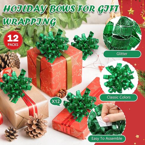 12 Pcs 5.5 Inch Large Christmas Bows for Gift Wrapping Metallic Curly Ribbon Bows Self-Adhesive for Presents Christmas Tree Holiday Party Treat Bags (Gold,Silver,Red) in Kuwait