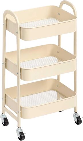 AGTEK Makeup Cart, Movable Rolling Organizer Cart,3 Tier Metal Utility Cart, Beige in Kuwait