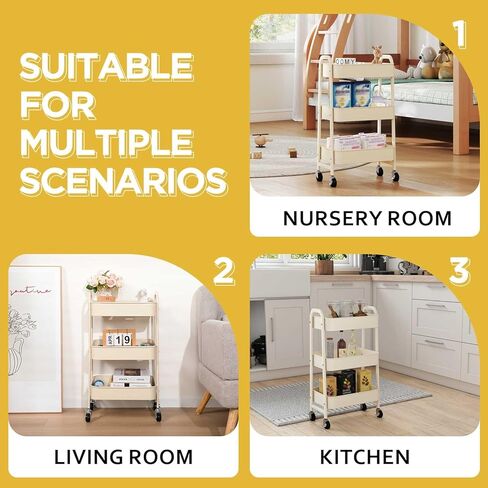 AGTEK Makeup Cart, Movable Rolling Organizer Cart,3 Tier Metal Utility Cart, Beige in Kuwait