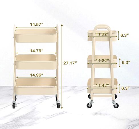 AGTEK Makeup Cart, Movable Rolling Organizer Cart,3 Tier Metal Utility Cart, Beige in Kuwait