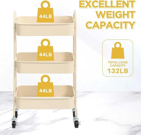AGTEK Makeup Cart, Movable Rolling Organizer Cart,3 Tier Metal Utility Cart, Beige in Kuwait