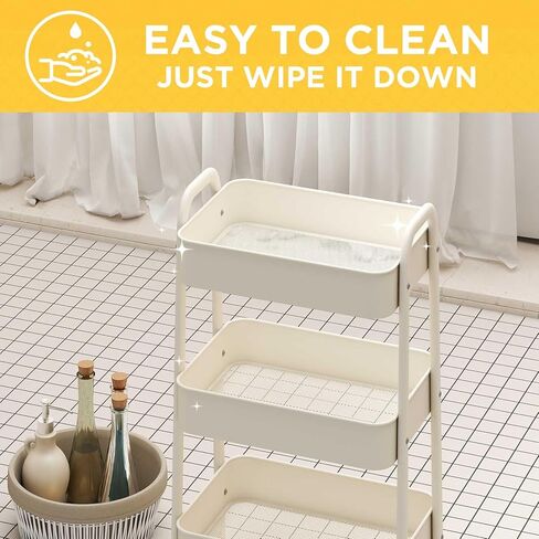 AGTEK Makeup Cart, Movable Rolling Organizer Cart,3 Tier Metal Utility Cart, Beige in Kuwait