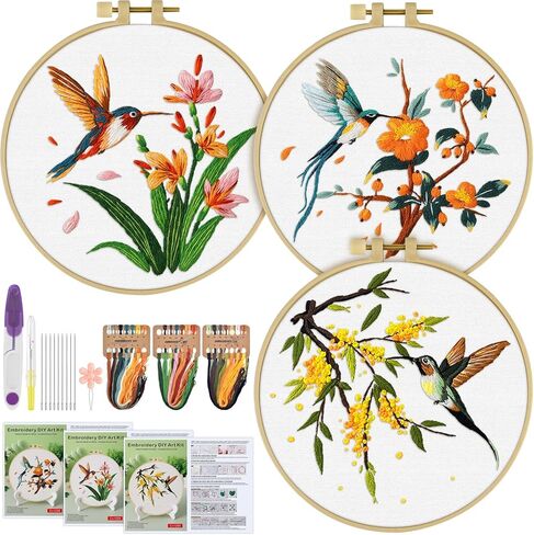 ERKOON 3 Sets Embroidery Kit, Hummingbird Cross Stitch Set for Include Embroidery Cloth Hoops Threads for Craft Lover Hand Stitch (Hummingbird) in Kuwait