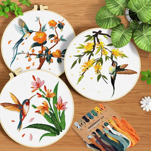 ERKOON 3 Sets Embroidery Kit, Hummingbird Cross Stitch Set for Include Embroidery Cloth Hoops Threads for Craft Lover Hand Stitch (Hummingbird) in Kuwait