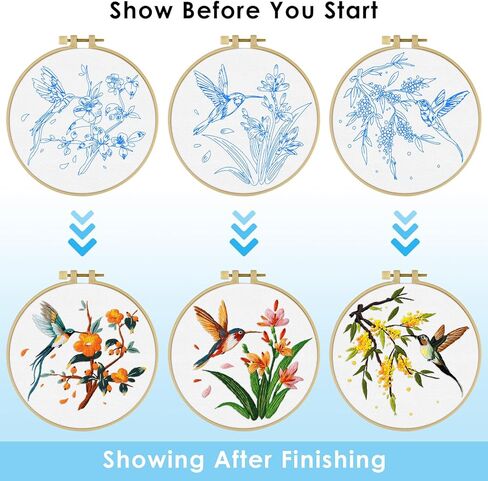 ERKOON 3 Sets Embroidery Kit, Hummingbird Cross Stitch Set for Include Embroidery Cloth Hoops Threads for Craft Lover Hand Stitch (Hummingbird) in Kuwait