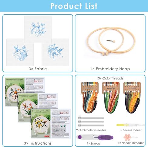 ERKOON 3 Sets Embroidery Kit, Hummingbird Cross Stitch Set for Include Embroidery Cloth Hoops Threads for Craft Lover Hand Stitch (Hummingbird) in Kuwait