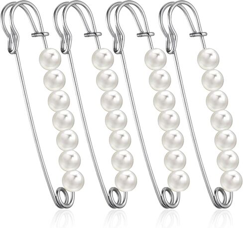 4 PCS Pearl Safety Brooch Pins for Clothes, Pearl Brooch Pins Decorative Safety Pin Pants Clips Silver Pearls Shawl Pin for Women Sweater Scarves Shirt Dress Hat Accessories Waist Extender in Saudi Arabia