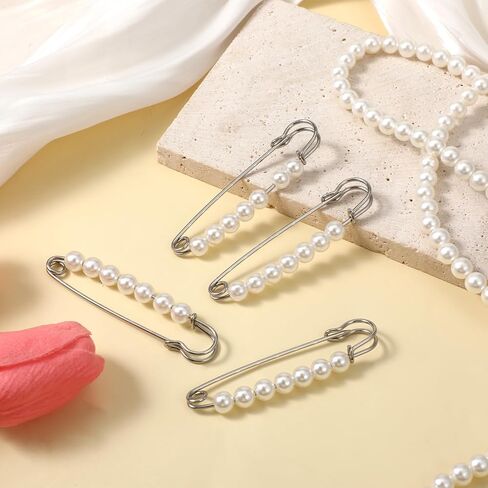 4 PCS Pearl Safety Brooch Pins for Clothes, Pearl Brooch Pins Decorative Safety Pin Pants Clips Silver Pearls Shawl Pin for Women Sweater Scarves Shirt Dress Hat Accessories Waist Extender in Saudi Arabia