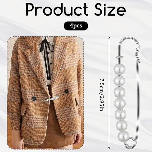 4 PCS Pearl Safety Brooch Pins for Clothes, Pearl Brooch Pins Decorative Safety Pin Pants Clips Silver Pearls Shawl Pin for Women Sweater Scarves Shirt Dress Hat Accessories Waist Extender in Saudi Arabia