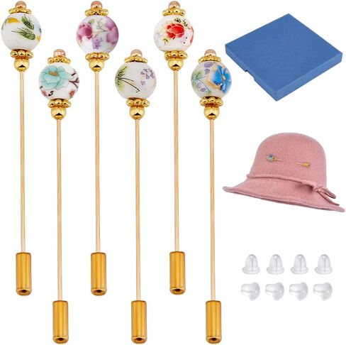 BENECREAT 6Pcs Porcelain Hat Pin, Vintage Safety Pins Brooches Porcelain with Plant Designs Brooch Pin Stick for Tie, Scarf, Western Cowboy Hats, Hair Accessories, 2.8inch in Saudi Arabia