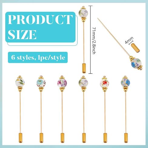 BENECREAT 6Pcs Porcelain Hat Pin, Vintage Safety Pins Brooches Porcelain with Plant Designs Brooch Pin Stick for Tie, Scarf, Western Cowboy Hats, Hair Accessories, 2.8inch in Saudi Arabia