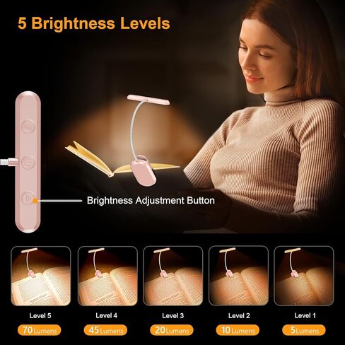 Gritin Rechargeable Book Light for Reading in Bed with 19 LED &Memory Function-Eye Caring 3 Color Temperatures,5 Brightness Levels,80 Hrs Runtime Flexible Goose Neck Clip on Light-Pink in Kuwait