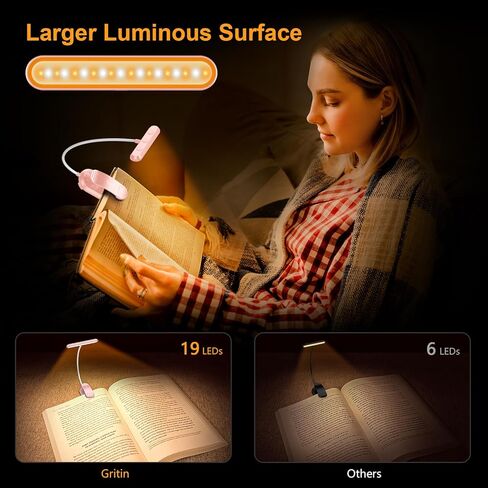 Gritin Rechargeable Book Light for Reading in Bed with 19 LED &Memory Function-Eye Caring 3 Color Temperatures,5 Brightness Levels,80 Hrs Runtime Flexible Goose Neck Clip on Light-Pink in Kuwait