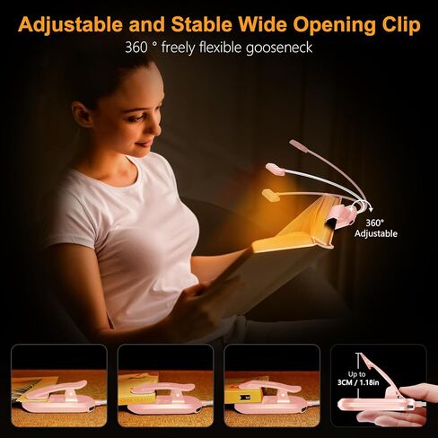 Gritin Rechargeable Book Light for Reading in Bed with 19 LED &Memory Function-Eye Caring 3 Color Temperatures,5 Brightness Levels,80 Hrs Runtime Flexible Goose Neck Clip on Light-Pink in Kuwait