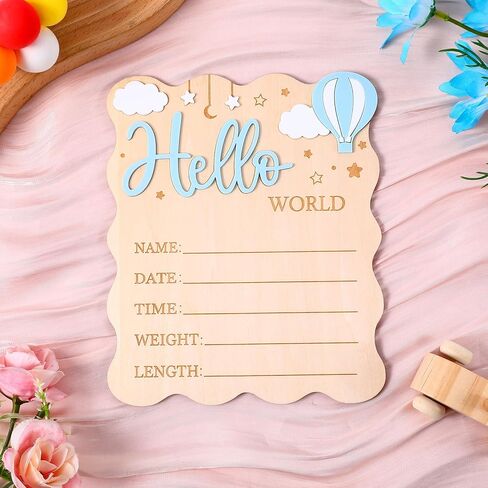 لافتة Hello World لحديثي الولادة، لافتة إعلان خشبية لحديثي الولادة، لوحة تسجيل معلومات الولادة للأولاد والبنات مع تصميم نجمة سحابة منطاد الهواء الساخن لدعم الصور لحضانة الأطفال في مستشفى الاستحمام in Kuwait