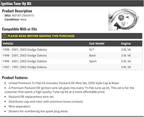 Ignition Tune-Up Kit - Spark Plug Wires, Distributor Cap and Rotor - Compatible with 1992-2003 Dodge Dakota 3.9L V6 in Saudi Arabia