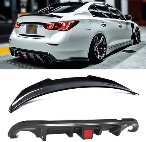 Duckbill Rear Spoiler & Rear Diffuser Compatible with Infiniti Q50 2014-2017 Sedan, Glossy Black Sport Style Trunk Wing Lip and Rear Bumper Splitter Kit in Saudi Arabia