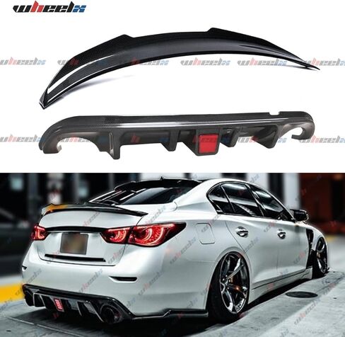 Duckbill Rear Spoiler & Rear Diffuser Compatible with Infiniti Q50 2014-2017 Sedan, Glossy Black Sport Style Trunk Wing Lip and Rear Bumper Splitter Kit in Saudi Arabia