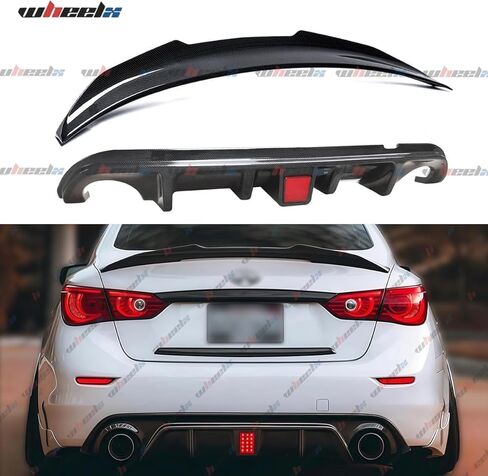 Duckbill Rear Spoiler & Rear Diffuser Compatible with Infiniti Q50 2014-2017 Sedan, Glossy Black Sport Style Trunk Wing Lip and Rear Bumper Splitter Kit in Saudi Arabia
