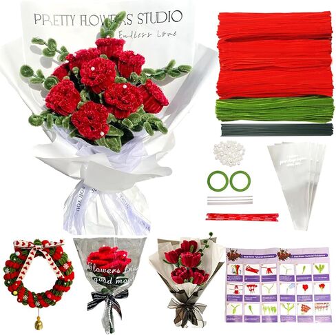 400 Pcs Pipe Cleaner Craft Kit: 2 Colors Pipe Cleaners Bulk, Flower Bouquet Chenille Stems Making Kit with Floral Wires, Gardening Tape, Pearl & Ribbon for Wedding Gift Decoration (Red) in Saudi Arabia