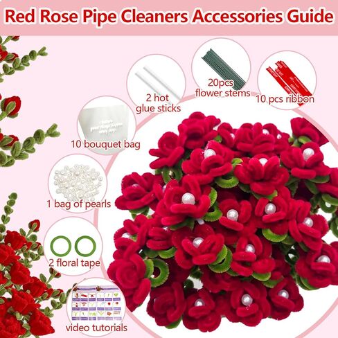 400 Pcs Pipe Cleaner Craft Kit: 2 Colors Pipe Cleaners Bulk, Flower Bouquet Chenille Stems Making Kit with Floral Wires, Gardening Tape, Pearl & Ribbon for Wedding Gift Decoration (Red) in Saudi Arabia
