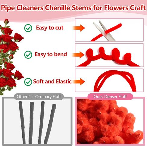 400 Pcs Pipe Cleaner Craft Kit: 2 Colors Pipe Cleaners Bulk, Flower Bouquet Chenille Stems Making Kit with Floral Wires, Gardening Tape, Pearl & Ribbon for Wedding Gift Decoration (Red) in Saudi Arabia
