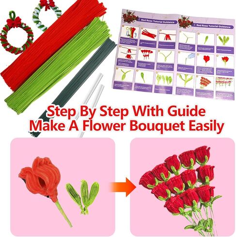 400 Pcs Pipe Cleaner Craft Kit: 2 Colors Pipe Cleaners Bulk, Flower Bouquet Chenille Stems Making Kit with Floral Wires, Gardening Tape, Pearl & Ribbon for Wedding Gift Decoration (Red) in Saudi Arabia