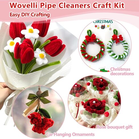 400 Pcs Pipe Cleaner Craft Kit: 2 Colors Pipe Cleaners Bulk, Flower Bouquet Chenille Stems Making Kit with Floral Wires, Gardening Tape, Pearl & Ribbon for Wedding Gift Decoration (Red) in Saudi Arabia