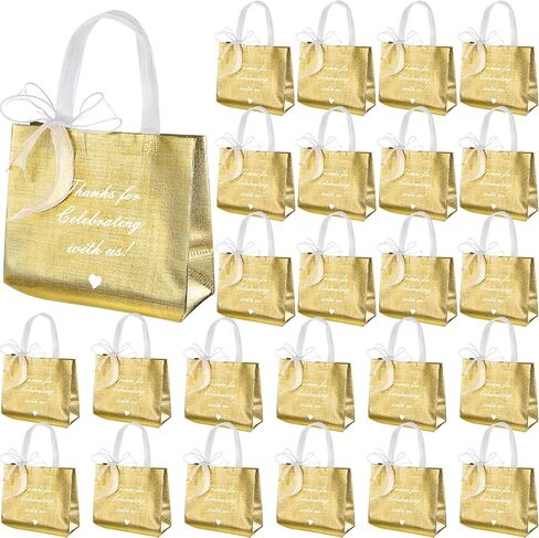 Amylove 36 Pcs Thanks for Celebrating with Us Rose Gold Gift Bags Set Reusable Non Woven Small Party Favor Bags Glossy Tote Birthday Goodie Bags with 8 Roll Bow Ribbon for Wedding Birthday in Saudi Arabia