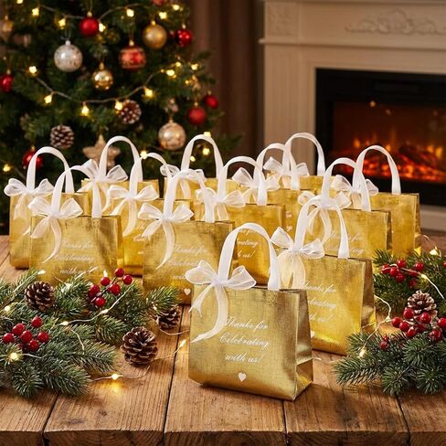 Amylove 36 Pcs Thanks for Celebrating with Us Rose Gold Gift Bags Set Reusable Non Woven Small Party Favor Bags Glossy Tote Birthday Goodie Bags with 8 Roll Bow Ribbon for Wedding Birthday in Saudi Arabia