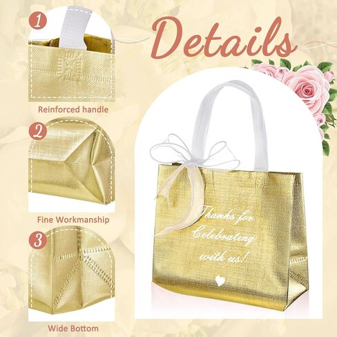 Amylove 36 Pcs Thanks for Celebrating with Us Rose Gold Gift Bags Set Reusable Non Woven Small Party Favor Bags Glossy Tote Birthday Goodie Bags with 8 Roll Bow Ribbon for Wedding Birthday in Saudi Arabia