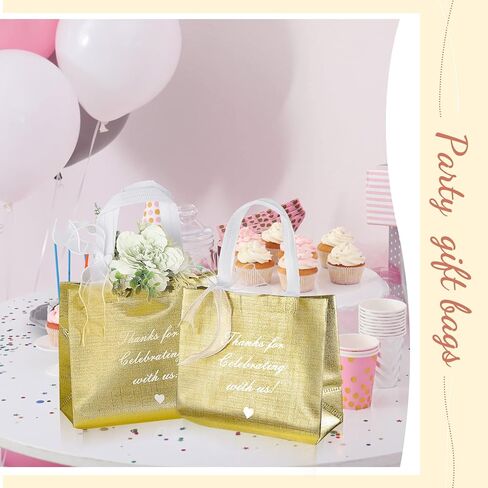 Amylove 36 Pcs Thanks for Celebrating with Us Rose Gold Gift Bags Set Reusable Non Woven Small Party Favor Bags Glossy Tote Birthday Goodie Bags with 8 Roll Bow Ribbon for Wedding Birthday in Saudi Arabia