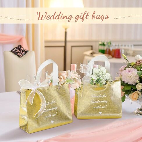 Amylove 36 Pcs Thanks for Celebrating with Us Rose Gold Gift Bags Set Reusable Non Woven Small Party Favor Bags Glossy Tote Birthday Goodie Bags with 8 Roll Bow Ribbon for Wedding Birthday in Saudi Arabia