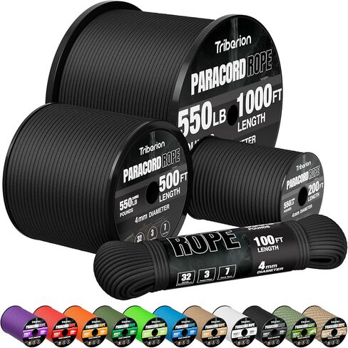 Paracord Rope 550 lb - 100ft 5/32" Parachute Cord 4MM 7-Strand para Cord - Heavy Duty Spool String for Survival,Camping Gear, Survival Bracelet, Clothesline - Black in Saudi Arabia