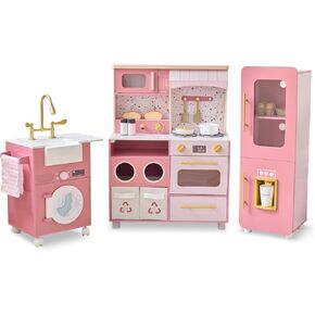 Teamson Kids Little Chef Savannah Wooden Montessori Pretend Play Kitchen for Toddlers Kids Ages 3+ Modular Three-Piece Set with Sink Cart Stove & Fridge for Boys and Girls Playset, Green in Saudi Arabia