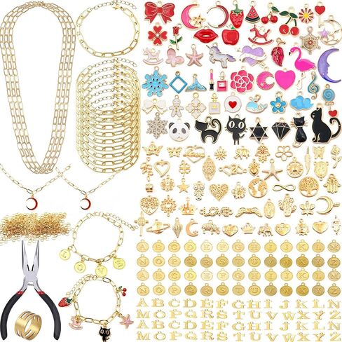 Tamkudoy Gold Charms Bracelet Necklace Making Kit- 419 PCS Jewelry Making Kit with Paperclip Bracelet Chain Necklace Kit, Charms Pendants, Jewelry Pliers, Jump Rings for Women DIY Crafts Supplies in Saudi Arabia