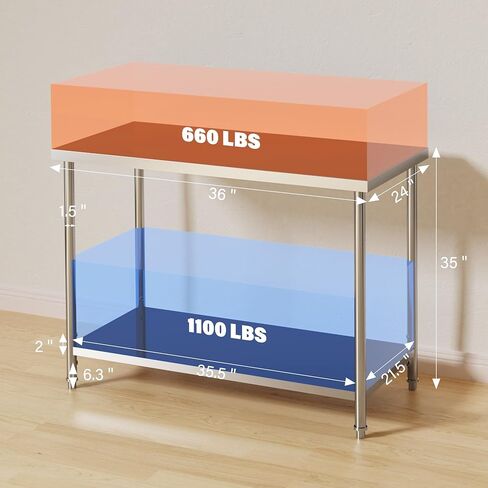 Stainless Steel Utility Table, 36" x 24" Heavy-Duty Rolling Workbench with Adjustable Undershelf & Locking Casters, 2-Tier Commercial Metal Work Table for Office, Warehouse, Workshop, Kitchen, Garage in Saudi Arabia