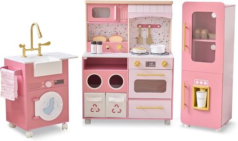Teamson Kids Little Chef Savannah Wooden Montessori Pretend Play Kitchen for Toddlers Kids Ages 3+ Modular Three-Piece Set with Sink Cart Stove & Fridge for Boys and Girls Playset, Green in Saudi Arabia