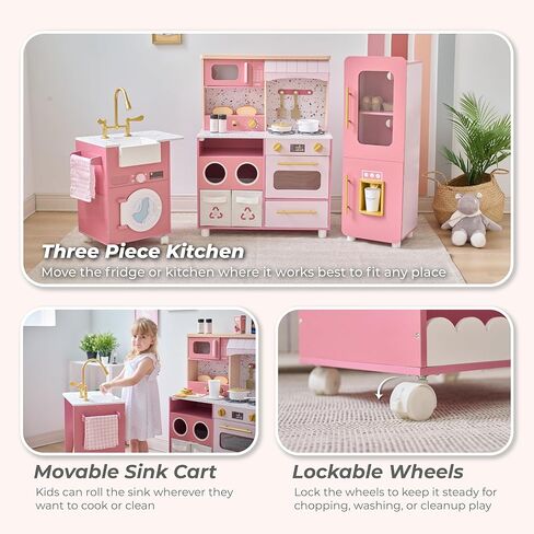 Teamson Kids Little Chef Savannah Wooden Montessori Pretend Play Kitchen for Toddlers Kids Ages 3+ Modular Three-Piece Set with Sink Cart Stove & Fridge for Boys and Girls Playset, Green in Saudi Arabia