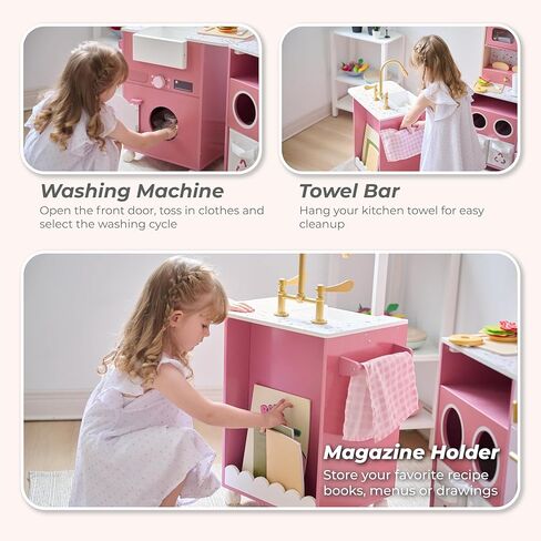 Teamson Kids Little Chef Savannah Wooden Montessori Pretend Play Kitchen for Toddlers Kids Ages 3+ Modular Three-Piece Set with Sink Cart Stove & Fridge for Boys and Girls Playset, Green in Saudi Arabia