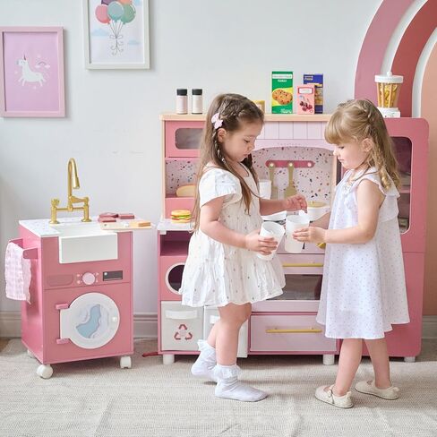 Teamson Kids Little Chef Savannah Wooden Montessori Pretend Play Kitchen for Toddlers Kids Ages 3+ Modular Three-Piece Set with Sink Cart Stove & Fridge for Boys and Girls Playset, Green in Saudi Arabia