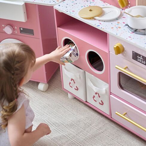 Teamson Kids Little Chef Savannah Wooden Montessori Pretend Play Kitchen for Toddlers Kids Ages 3+ Modular Three-Piece Set with Sink Cart Stove & Fridge for Boys and Girls Playset, Green in Saudi Arabia