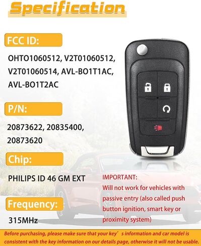 Flip Car Key Fob Replacement Fits for 2010-2019 GMC Terrain/14-18 Buick Encore/10-19 Equinox/16-19 Impala/12-17 Sonic OHT01060512, V2T01060512, 1 Pcs in Saudi Arabia